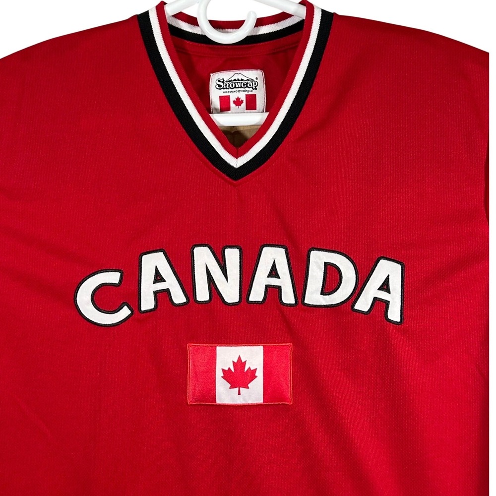 Snowcap Canada Jersey Red V-Neck Mesh Embroidered Flag Patch Mens Large